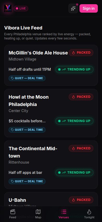 Vibora live feed listing venues ranked by energy with deal tags