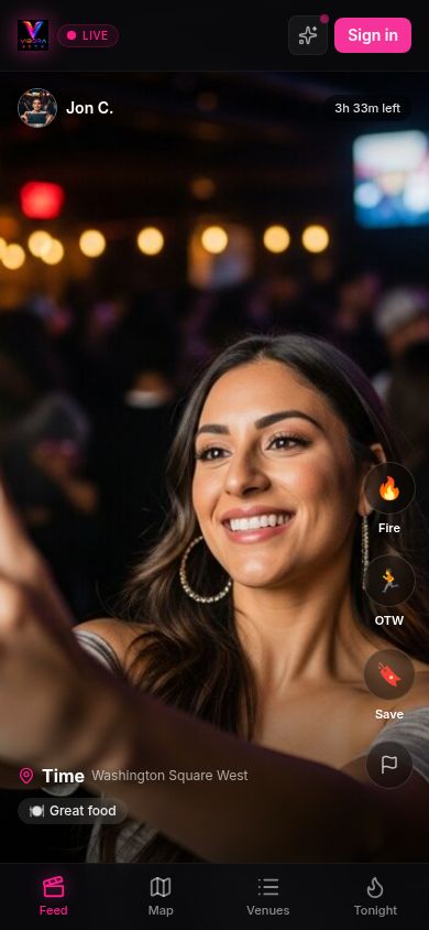 Vibora vibe drop: a selfie posted live from a venue with reactions and a deal tag